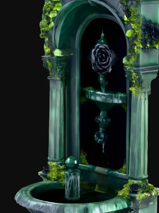 3D model for A dark fantasy Victorian wishing fountain, meticulously crafted from highly polished obsidian and subtly banded onyx stones. Its opulent, multi-tiered structure boasts intricate, gothic carvings that evoke an ominous aura. Dark, dense ivy with deep green leaves tightly entwines around the cold, smooth stone surfaces, interspersed with velvety black roses in full bloom, emphasizing its somber elegance and refined, yet foreboding, presence.