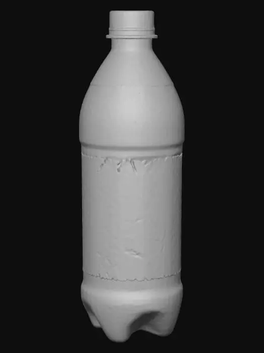 3D model for A semi-realistic, slightly used plastic water bottle on a neutral background, designed for a survival game. The bottle has subtle scratches, a few scuff marks, and a slightly crumpled label with faded text. Clear, slightly reflective water inside, soft shadows, moderate texture detail, realistic lighting, and a style that balances realism with stylized game graphics suitable for a game environment.