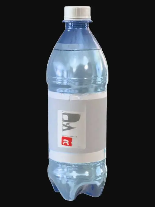 3D model for A semi-realistic, slightly used plastic water bottle on a neutral background, designed for a survival game. The bottle has subtle scratches, a few scuff marks, and a slightly crumpled label with faded text. Clear, slightly reflective water inside, soft shadows, moderate texture detail, realistic lighting, and a style that balances realism with stylized game graphics suitable for a game environment.
