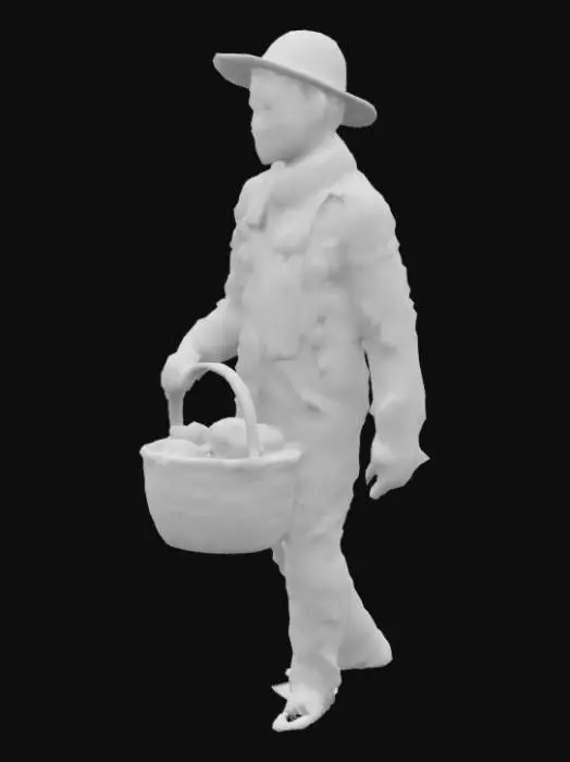 3D model for A field of coffee plants while a colomian worker is picking them up with a basket while he's wearing a simple white shirt and trousers, a red scarf, leather belt and a hand-made hat.