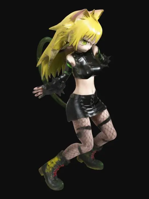 3D model for anime cat girl, around the age of 16,
Spiky, long yellow hair,
Green eyes, short dark grey tattered top, exposing her belly button, with a tight black latex miniskirt that tightly hugs her skin, and fishnet stockings,
 large Spiked wristbands on the arms
Large, yellow boots with metal plates on the toes and red laces,
long brown tail,
Confident pose and confident look on her face,
The character's overall appearance suggests a punk or rebellious theme. 
