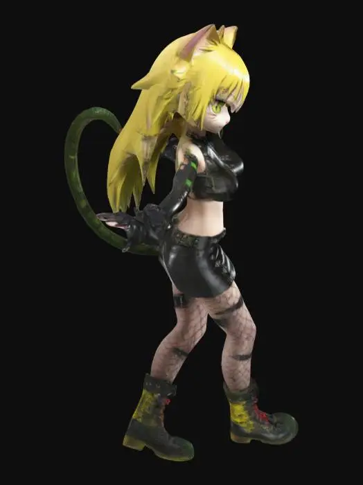 3D model for anime cat girl, around the age of 16,
Spiky, long yellow hair,
Green eyes, short dark grey tattered top, exposing her belly button, with a tight black latex miniskirt that tightly hugs her skin, and fishnet stockings,
 large Spiked wristbands on the arms
Large, yellow boots with metal plates on the toes and red laces,
long brown tail,
Confident pose and confident look on her face,
The character's overall appearance suggests a punk or rebellious theme. 