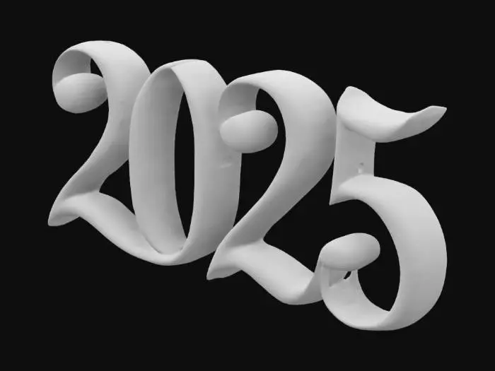 3D model for The number 2025 to represent the current year in a nice calligraphy font.