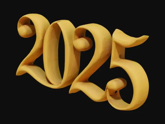 3D model for The number 2025 to represent the current year in a nice calligraphy font.