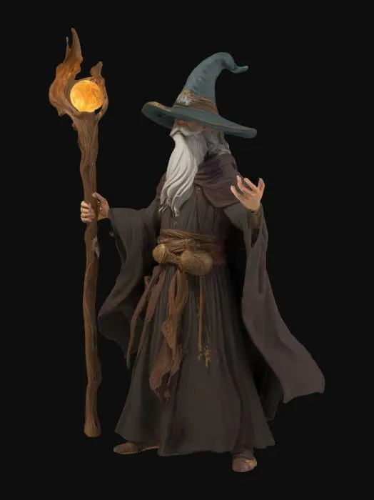 3D model for A human archmagi with long, billowing robes and tall, pointed wizard's hat, in the process of casting a spell. He weald's a long, gnarled wooden staff. He has a well-trimmed beard.