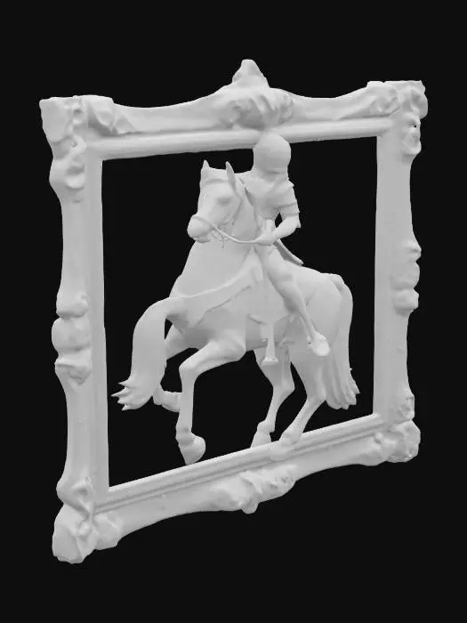 3D model for An antique, intricately framed renaissance painting of a knight atop his horse.