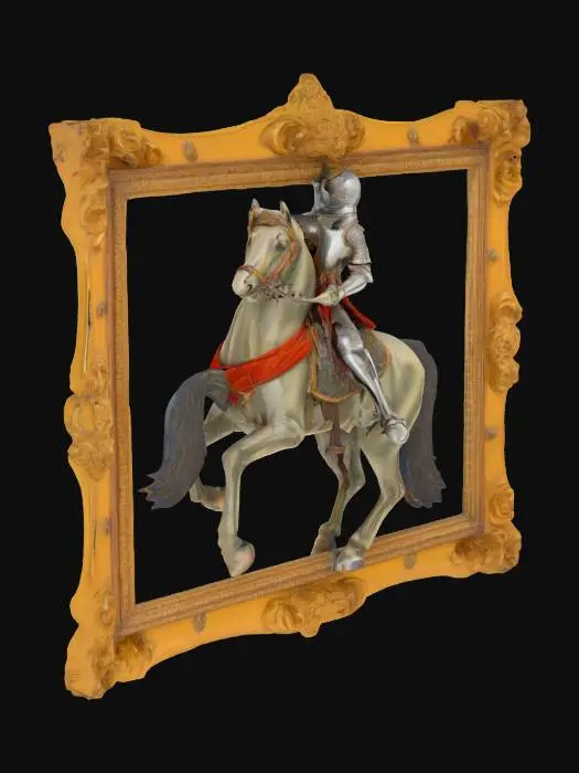 3D model for An antique, intricately framed renaissance painting of a knight atop his horse.