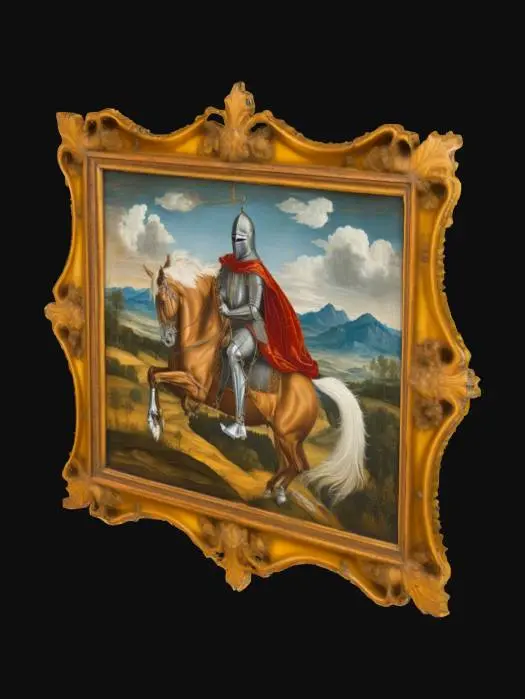 3D model for An antique, intricately framed renaissance painting of a knight atop his horse.