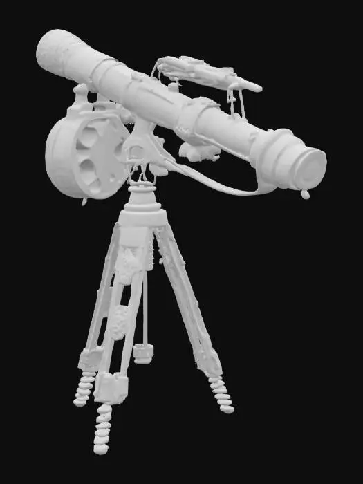3D model for A large, steam-punk style clockwork telescope with visible gears and multiple lenses. The telescope is affixed to an intricately detailed tripod.