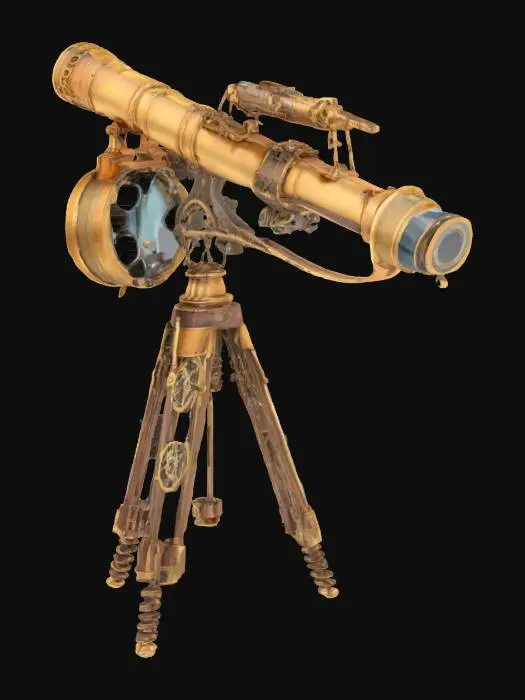 3D model for A large, steam-punk style clockwork telescope with visible gears and multiple lenses. The telescope is affixed to an intricately detailed tripod.