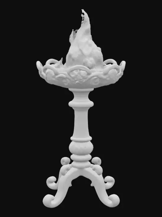 3D model for A heavy, wrought-iron, brazier, alight  with flame. It is tall with intricate molding on the shaft and 3 prong feet.