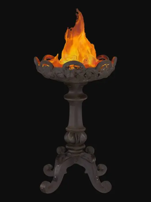3D model for A heavy, wrought-iron, brazier, alight  with flame. It is tall with intricate molding on the shaft and 3 prong feet.