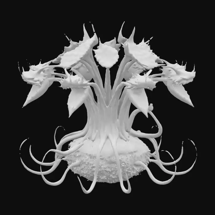 3D model for A Venus flytrap plant with multiple heads like a hydra with large, toothy maws that has the base of a flowering bush with thorns all over and long viny tentacled appendages protruding from the body. 