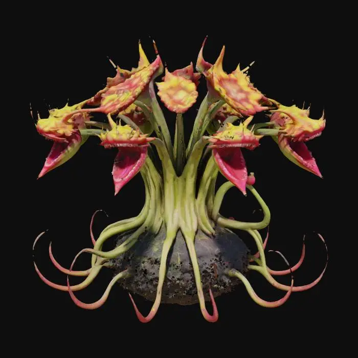 3D model for A Venus flytrap plant with multiple heads like a hydra with large, toothy maws that has the base of a flowering bush with thorns all over and long viny tentacled appendages protruding from the body. 