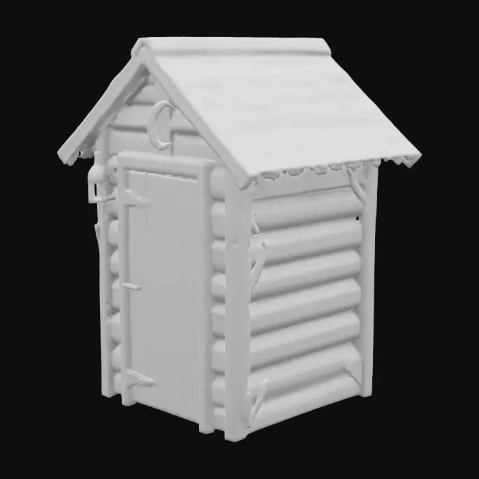 3D model for An outhouse with the crescent moon cutout on the door and a peaked roof.