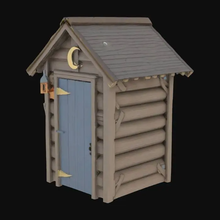 3D model for An outhouse with the crescent moon cutout on the door and a peaked roof.