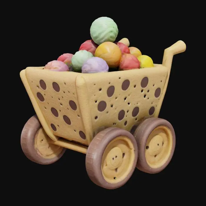 3D model for A handcard made of candy. The wheels made of cookies, the construction of it including gummy candy, candybars, and other sweet snacks.