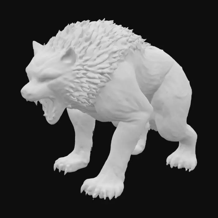 3D model for A large, bear-like dire wolf with flames wreathing its body, barring its teeth.