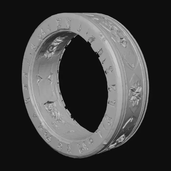 3D model for Concept art of a forbidden ring of power, dark steel entwined by living shadows, glowing inscriptions pulsing faintly, mist swirling around in a dimly lit underground chamber, cinematic style, fantasy lighting, high contrast, ultra-detailed.
Key features include:
An intricate coil of Shadow tendrils symbolizing eternal entrapment, with faint glyphs from the Pale King's lineage.
Microscopic eyes of white light representing lost Vessels, contrasting with the darkness.
A reverse luminescence effect, absorbing ambient light and creating a dimming aura around it.
The final render aims for ultra-high detail, emphasizing the ring's grim beauty and complexity.