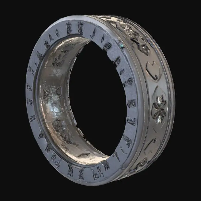 3D model for Concept art of a forbidden ring of power, dark steel entwined by living shadows, glowing inscriptions pulsing faintly, mist swirling around in a dimly lit underground chamber, cinematic style, fantasy lighting, high contrast, ultra-detailed.
Key features include:
An intricate coil of Shadow tendrils symbolizing eternal entrapment, with faint glyphs from the Pale King's lineage.
Microscopic eyes of white light representing lost Vessels, contrasting with the darkness.
A reverse luminescence effect, absorbing ambient light and creating a dimming aura around it.
The final render aims for ultra-high detail, emphasizing the ring's grim beauty and complexity.