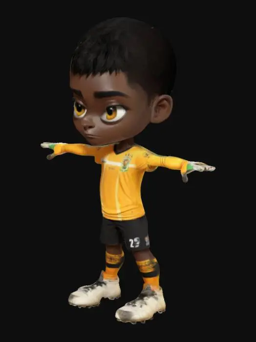 3D model for Jeune joueur de football stylisé en cartoon, en T-pose sans ballon. Maillot ajusté aux couleurs vives avec numéro, short assorti, chaussettes montantes et crampons modernes. Crâne rasé, regard sérieux et concentré. Peau caramel foncé, yeux grands et expressifs. Style anime/manga avec cel-shading, proportions dynamiques et ombrages stylisés. Pose neutre, bras étendus. Inspiré de Boondocks et FIFA Street.
