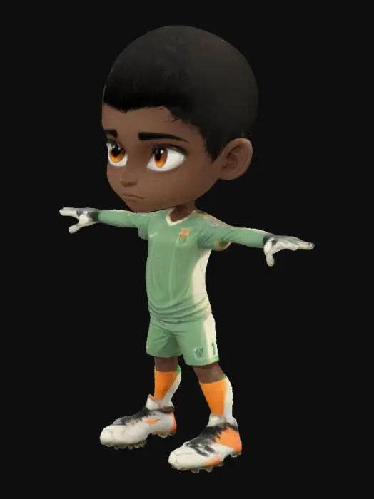 3D model for Jeune joueur de football stylisé en cartoon, en T-pose sans ballon. Maillot ajusté aux couleurs vives avec numéro, short assorti, chaussettes montantes et crampons modernes. Crâne rasé, regard sérieux et concentré. Peau caramel foncé, yeux grands et expressifs. Style anime/manga avec cel-shading, proportions dynamiques et ombrages stylisés. Pose neutre, bras étendus. Inspiré de Boondocks et FIFA Street.
