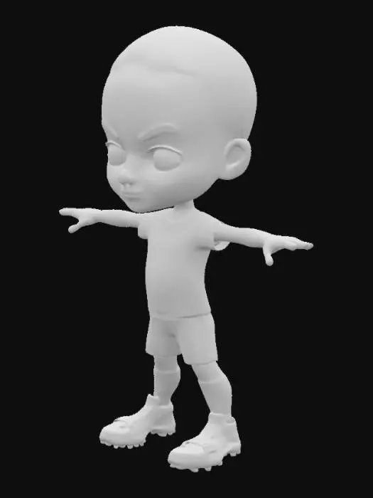 3D model for Jeune joueur de football stylisé en cartoon, en T-pose sans ballon. Maillot ajusté aux couleurs vives avec numéro, short assorti, chaussettes montantes et crampons modernes. Crâne rasé, regard sérieux et concentré. Peau caramel foncé, yeux grands et expressifs. Style anime/manga avec cel-shading, proportions dynamiques et ombrages stylisés. Pose neutre, bras étendus. Inspiré de Boondocks et FIFA Street.
