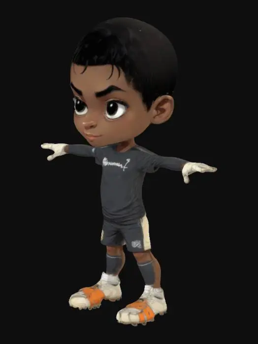 3D model for Jeune joueur de football stylisé en cartoon, en T-pose sans ballon. Maillot ajusté aux couleurs vives avec numéro, short assorti, chaussettes montantes et crampons modernes. Crâne rasé, regard sérieux et concentré. Peau caramel foncé, yeux grands et expressifs. Style anime/manga avec cel-shading, proportions dynamiques et ombrages stylisés. Pose neutre, bras étendus. Inspiré de Boondocks et FIFA Street.
