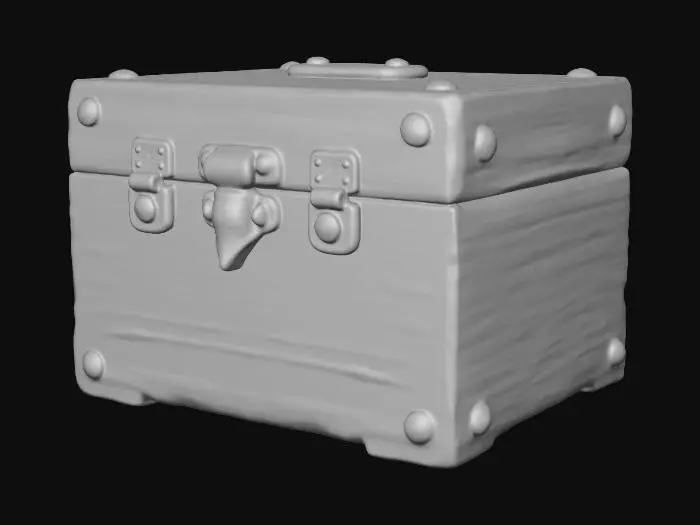 3D model for Low poly game asset, stylized hand-painted texture, soft cel shading, clean topology, sharp isometric silhouette, studio lighting, plain white background, PBR material, no bevels, flat shading, vibrant colors, fantasy game prop, Synty-style aesthetic. A tiny square wooden box, jewelry or potion container, low poly, smooth flat faces, light oak wood, miniature brass hinges on one edge, small metal clasp on front, compact cube shape, hand-painted texture, soft shadows, stylized fantasy prop, clean edges, no damage, centered.
