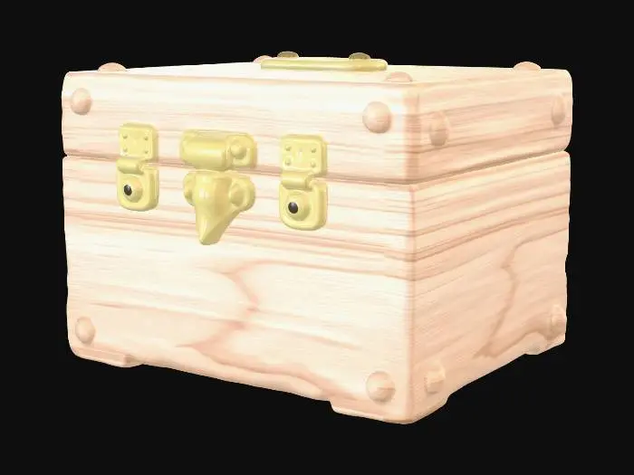 3D model for Low poly game asset, stylized hand-painted texture, soft cel shading, clean topology, sharp isometric silhouette, studio lighting, plain white background, PBR material, no bevels, flat shading, vibrant colors, fantasy game prop, Synty-style aesthetic. A tiny square wooden box, jewelry or potion container, low poly, smooth flat faces, light oak wood, miniature brass hinges on one edge, small metal clasp on front, compact cube shape, hand-painted texture, soft shadows, stylized fantasy prop, clean edges, no damage, centered.