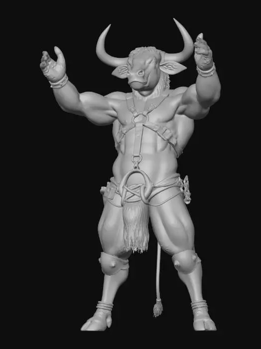 3D model for un toro mitologico con cuerpo humano muy musculado, manos, brazos y piernas  peludas humnanos, con pezuñas de toro, con postura erguida y  brazos estendidos como si estuviera gritando. que tenga herrajes en nariz y pecho.