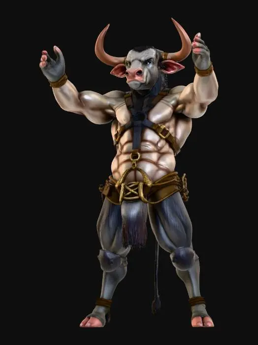 3D model for un toro mitologico con cuerpo humano muy musculado, manos, brazos y piernas  peludas humnanos, con pezuñas de toro, con postura erguida y  brazos estendidos como si estuviera gritando. que tenga herrajes en nariz y pecho.