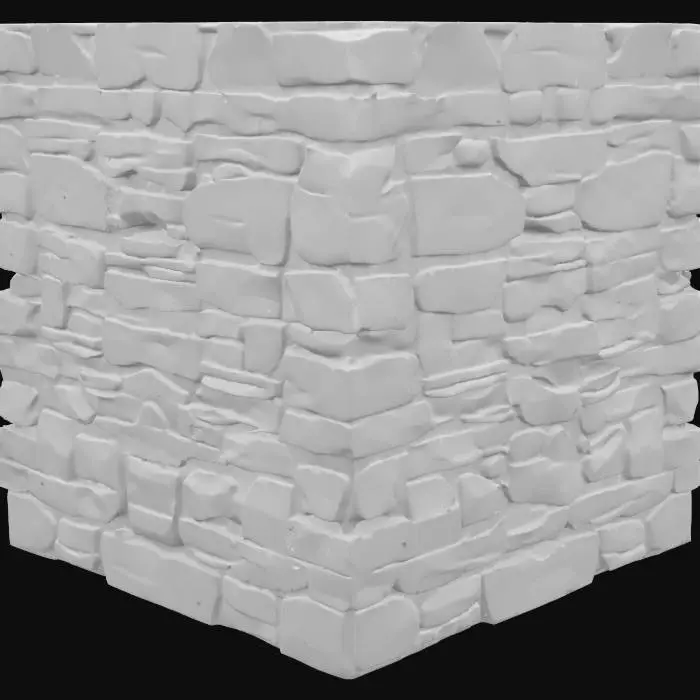 3D model for A robust, weathered retaining wall, designed to hold back earth from the ocean's edge. Its surface, a mix of rugged, interlocking concrete blocks and large, irregularly shaped natural stones, is heavily textured, showing signs of erosion and salt crystallization. Dominant colors are muted greys, earthy browns, and dark greens from moss and algae, giving it an organic, aged appearance. The structure is thick and sloped, built to withstand constant pressure and tidal forces, feeling rough and cool to the touch.