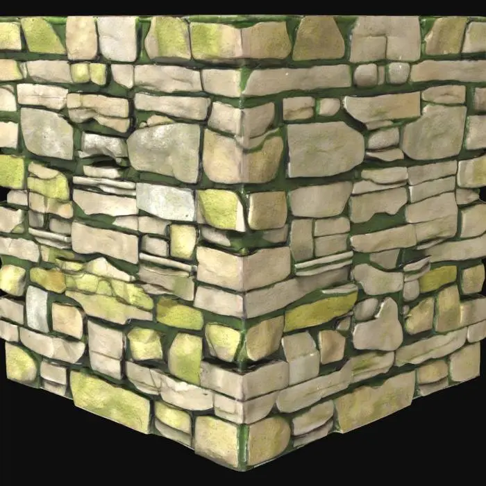 3D model for A robust, weathered retaining wall, designed to hold back earth from the ocean's edge. Its surface, a mix of rugged, interlocking concrete blocks and large, irregularly shaped natural stones, is heavily textured, showing signs of erosion and salt crystallization. Dominant colors are muted greys, earthy browns, and dark greens from moss and algae, giving it an organic, aged appearance. The structure is thick and sloped, built to withstand constant pressure and tidal forces, feeling rough and cool to the touch.