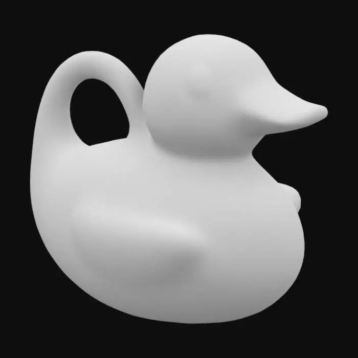 3D model for Design a literal duck-shaped watering can with water flowing from the beak. The body serves as the water container, with the beak as the spout for pouring. Add a smooth handle arcing from the tail to the back for easy grip. Keep the design simple and functional, using soft textures and a matte pastel color like yellow. The duck should appear in a natural upright pose, with small details like eyes and minimal wings, emphasizing charm and practicality.