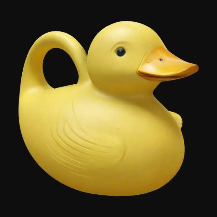 3D model for Design a literal duck-shaped watering can with water flowing from the beak. The body serves as the water container, with the beak as the spout for pouring. Add a smooth handle arcing from the tail to the back for easy grip. Keep the design simple and functional, using soft textures and a matte pastel color like yellow. The duck should appear in a natural upright pose, with small details like eyes and minimal wings, emphasizing charm and practicality.