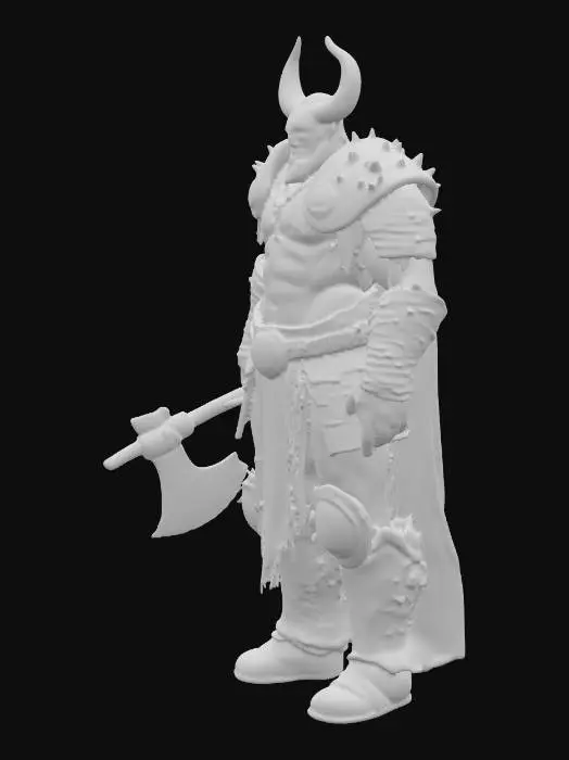 3D model for Highly detailed evil orc warlord tabletop miniature, 28mm round base, heroic scale, standing in a commanding pose, massive spiked plate armor, horned helmet, wielding a huge cleaver in one hand and a torn banner in the other, scarred face, dark fantasy style, dramatic cape flowing, intricate textures, optimized for resin printing, ready-to-print STL