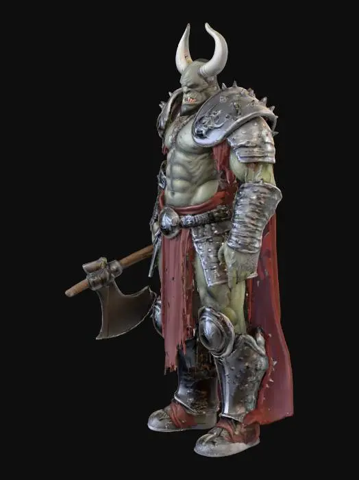 3D model for Highly detailed evil orc warlord tabletop miniature, 28mm round base, heroic scale, standing in a commanding pose, massive spiked plate armor, horned helmet, wielding a huge cleaver in one hand and a torn banner in the other, scarred face, dark fantasy style, dramatic cape flowing, intricate textures, optimized for resin printing, ready-to-print STL