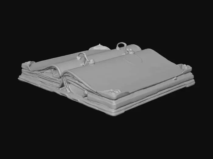 3D model for aged technical manual bound in worn synthetic material, embossed industrial insignia, torn pages with faded diagrams and encoded symbols, metallic corner reinforcements, cinematic lighting, photo-real texturing with grime and patina, evokes mystery and reverence