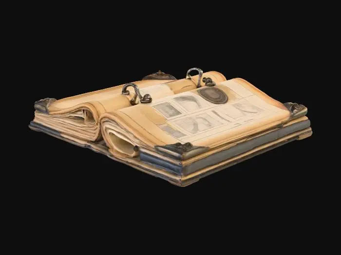 3D model for aged technical manual bound in worn synthetic material, embossed industrial insignia, torn pages with faded diagrams and encoded symbols, metallic corner reinforcements, cinematic lighting, photo-real texturing with grime and patina, evokes mystery and reverence