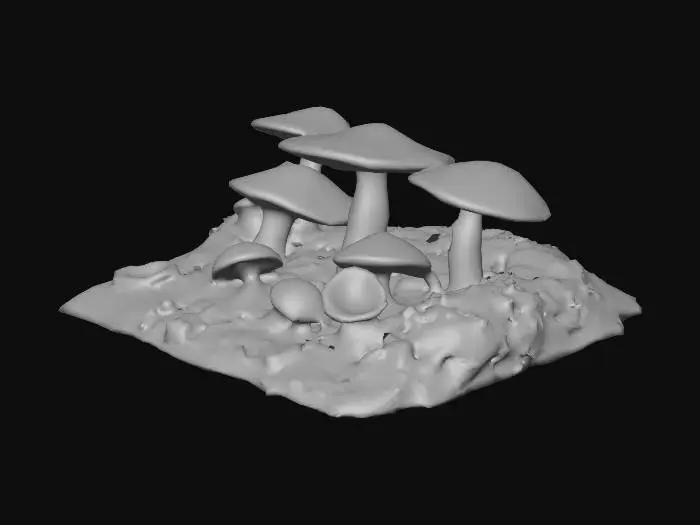 3D model for Create a set of realistic or stylized 3D fungi or mushroom-based creatures designed for a dark fantasy or sci-fi game. The mushrooms should appear organic, ominous, and reactive — as if they could release spores or toxic gas when touched or approached. Focus on creating bulbous caps, gilled undersides, and porous or sponge-like textures. Incorporate natural vents, swollen sacs, or inflated-looking chambers that look ready to burst or exhale gas. Some should have torn or frilled edges, cracked surfaces, or subtle bioluminescent glow patterns in greens, purples, or sickly yellows. Shapes can be asymmetric or clustered — think fungal growths emerging from trees, rocks, or even creature-like forms.