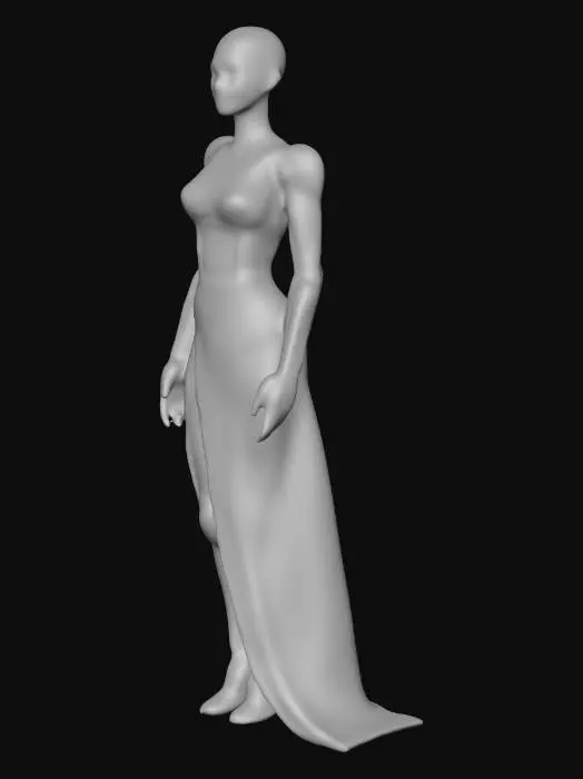 3D model for full-body humanoid female android, standing upright in balanced pose, life-sized scale, elegantly proportioned body with subtle feminine curves and sculptural symmetry, translucent synthetic skin layered over smooth alloy structure, faint internal amber glow from chest core, integrated plating resembling minimal futuristic clothing, soft facial features with calm expression, illuminated by cinematic volumetric light in a dim industrial environment, realistic materials, 4k photoreal PBR texturing, evokes beauty and divinity through post-human design