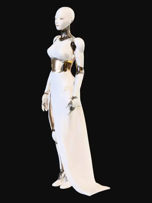 3D model for full-body humanoid female android, standing upright in balanced pose, life-sized scale, elegantly proportioned body with subtle feminine curves and sculptural symmetry, translucent synthetic skin layered over smooth alloy structure, faint internal amber glow from chest core, integrated plating resembling minimal futuristic clothing, soft facial features with calm expression, illuminated by cinematic volumetric light in a dim industrial environment, realistic materials, 4k photoreal PBR texturing, evokes beauty and divinity through post-human design