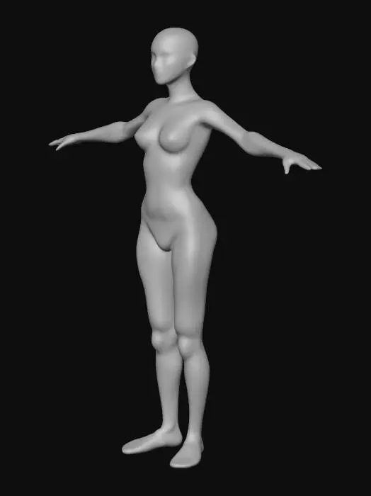 3D model for full-body humanoid female android, standing upright in balanced pose, life-sized scale, elegantly proportioned body with subtle feminine curves and sculptural symmetry, translucent synthetic skin layered over smooth alloy structure, faint internal amber glow from chest core, integrated plating resembling minimal futuristic clothing, soft facial features with calm expression, illuminated by cinematic volumetric light in a dim industrial environment, realistic materials, 4k photoreal PBR texturing, evokes beauty and divinity through post-human design