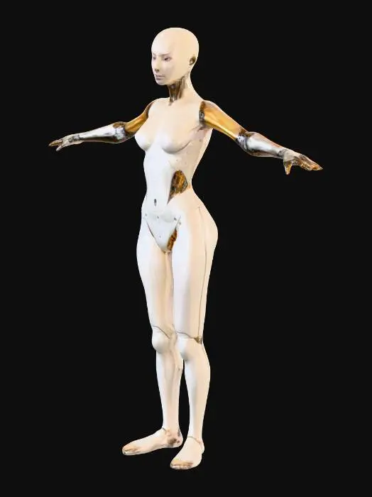 3D model for full-body humanoid female android, standing upright in balanced pose, life-sized scale, elegantly proportioned body with subtle feminine curves and sculptural symmetry, translucent synthetic skin layered over smooth alloy structure, faint internal amber glow from chest core, integrated plating resembling minimal futuristic clothing, soft facial features with calm expression, illuminated by cinematic volumetric light in a dim industrial environment, realistic materials, 4k photoreal PBR texturing, evokes beauty and divinity through post-human design