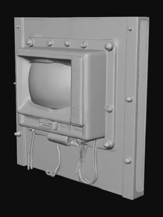 3D model for aged computer terminal embedded in steel wall, cracked display screen showing faint diagnostic lines, cables feeding into surrounding panels, soft flicker from CRT glow, cinematic realism, post-apocalyptic sci-fi atmosphere