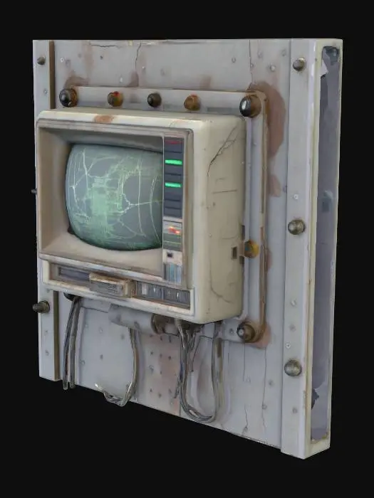 3D model for aged computer terminal embedded in steel wall, cracked display screen showing faint diagnostic lines, cables feeding into surrounding panels, soft flicker from CRT glow, cinematic realism, post-apocalyptic sci-fi atmosphere