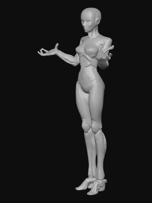 3D model for full-body humanoid female android, standing upright in balanced pose, life-sized scale, elegantly proportioned body with subtle feminine curves and sculptural symmetry, translucent synthetic skin layered over smooth alloy structure, faint internal amber glow from chest core, integrated plating resembling minimal futuristic clothing, soft facial features with calm expression, illuminated by cinematic volumetric light in a dim industrial environment, realistic materials, 4k photoreal PBR texturing, evokes beauty and divinity through post-human design
