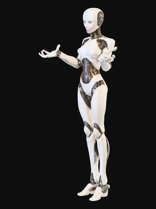 3D model for full-body humanoid female android, standing upright in balanced pose, life-sized scale, elegantly proportioned body with subtle feminine curves and sculptural symmetry, translucent synthetic skin layered over smooth alloy structure, faint internal amber glow from chest core, integrated plating resembling minimal futuristic clothing, soft facial features with calm expression, illuminated by cinematic volumetric light in a dim industrial environment, realistic materials, 4k photoreal PBR texturing, evokes beauty and divinity through post-human design