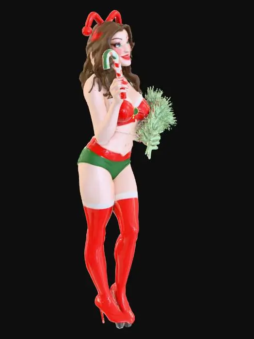3D model for A naughty Christmas pinup girl winking, holding a candy cane and mistletoe